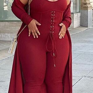 Fashion Nova Wine Red Lace-Up 2pc. Jumpsuit Set